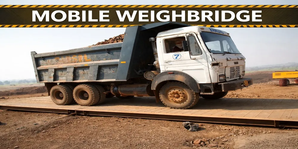Mobile foundationless weighbridge with approach ramps set up on hard ground